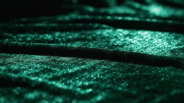 Abstract closeup of shimmering teal fabric folds with shifting highlights, creating a dark luxurious texture background for fashion and design concepts