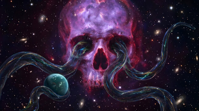 Cosmic skull nebula with glowing eyes and space tentacles.