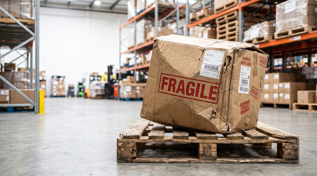 Damaged fragile cardboard box on wooden pallet in warehouse