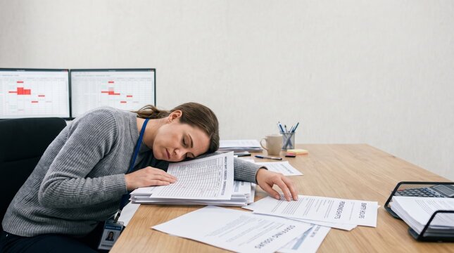 Exhausted warehouse manager sleeping on paperwork at her desk
