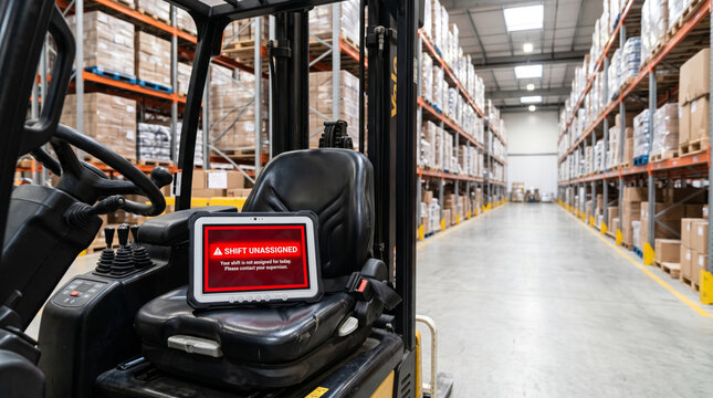 Forklift in warehouse with tablet showing unassigned shift message