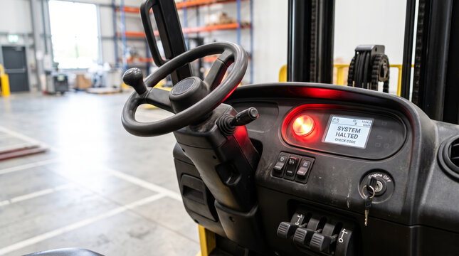 Forklift dashboard with system halted warning in industrial warehouse