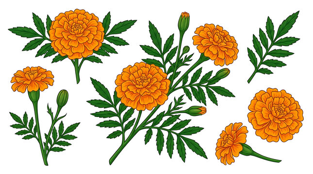 Vibrant orange marigold flowers set, botanical tagetes illustration with green leaves, floral elements for autumn design