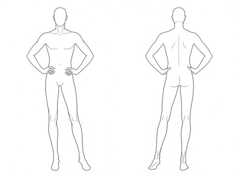 Male Model Croquis Front and Back View Neutral Standing Pose Vector Technical Line Art Illustration Template