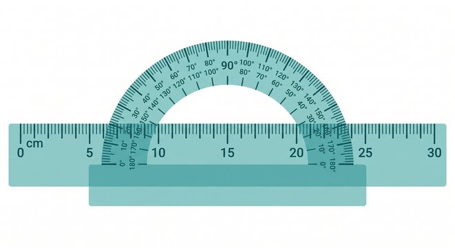 Transparent teal plastic protractor and ruler set, geometry measuring tools for school and drafting, math equipment on white background