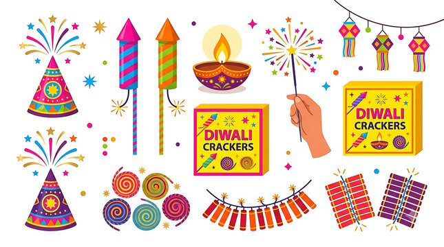 Diwali crackers collection with colorful fireworks. Festive Indian holiday celebration elements. Traditional Diwali firecrackers and sparklers set.