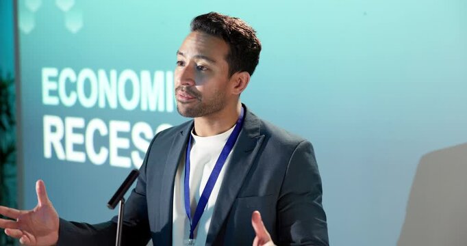 Man, presentation and speaking in conference with advice, projector and explain recession of economy. Economist, person and talk in seminar with inflation issue, financial crisis and impact on GDP.