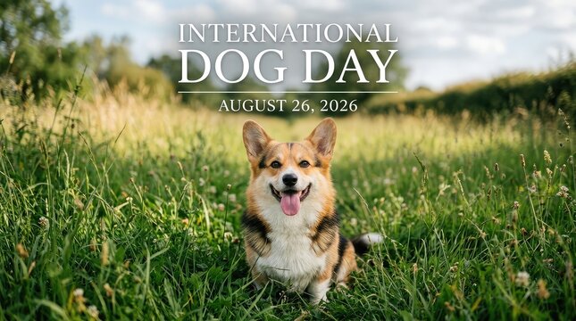 International Dog Day August 26 2026 happy Welsh Corgi sitting in grassy meadow