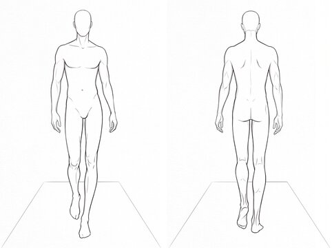 Runway Walking Male Body Croquis Front and Back View Vector Line Art Technical Drawing Template
