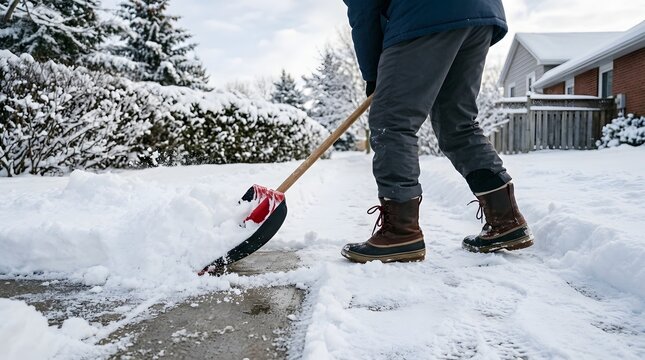 Person clearing snow from driveway with shovel during winter daytime in suburban neighborhood