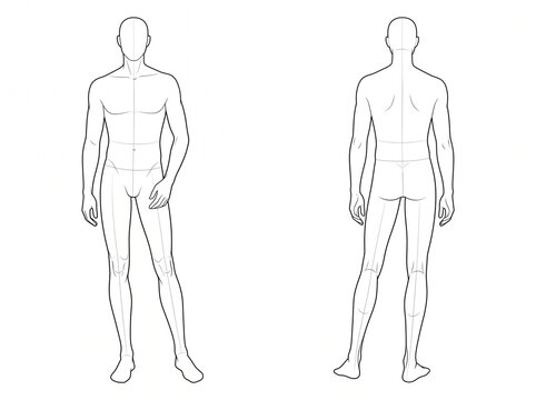 Male Body Figure Front and Back Pose Croquis Vector Technical Sketch Illustration Template for Menswear