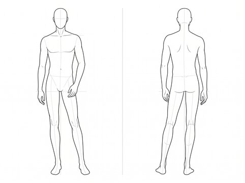 Front and Rear View Standing Male Model Croquis Vector Technical Line Art Template for Fashion Sketch