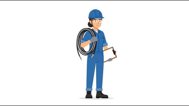Electrician worker holding cable roll and clipboard in blue uniform