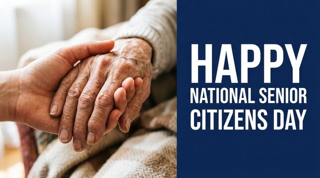 Happy National Senior Citizens Day caring hands touch close up blue banner