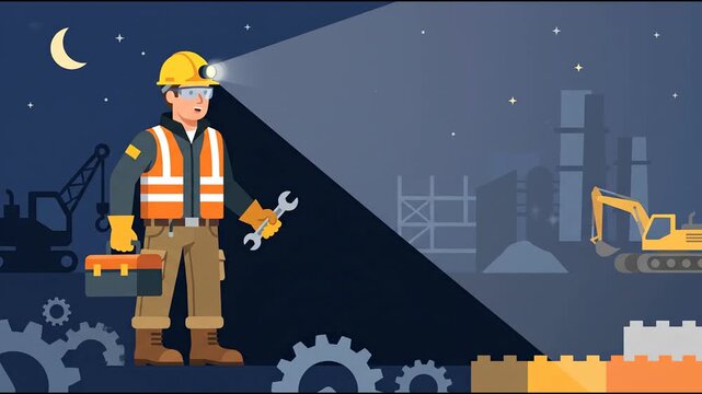 Cartoon worker with hardhat and wrench holding toolkit at night construction site