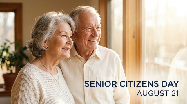 Senior Citizens Day August 21 loving elderly couple smiling near bright window indoor photo
