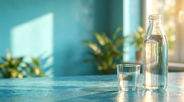 A clear glass bottle and a small glass of pure, refreshing water, illuminated by soft morning sunlight in a serene kitchen, promoting healthy hydration
