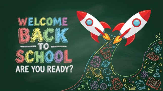 Welcome Back to School Are You Ready chalkboard banner with paper rockets launching
