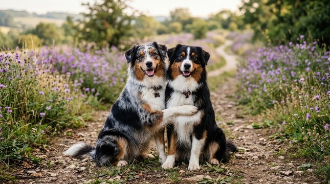 Two Australian Shepherd dogs hugging on forest trail for International Dog Day
