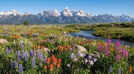 Fototapeta premium Vibrant wildflowers blooming in a lush green valley with epic snow-capped mountains in the background.