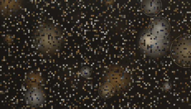 Abstract pixel art pattern featuring dark gold and grey square particles for modern digital design backdrops.
