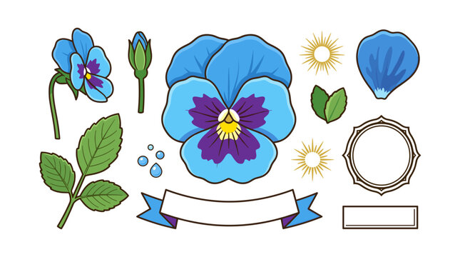  Flat blue pansy flower botanical vector sticker set featuring cartoon viola rosette garden bud leaf sprig and blue ribbon banner labels.