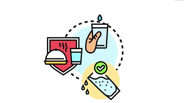 Essential resources icon showing a hand accepting a glass of pure drinking water. A shield protecting a hot meal. And a confirmed clean water source
