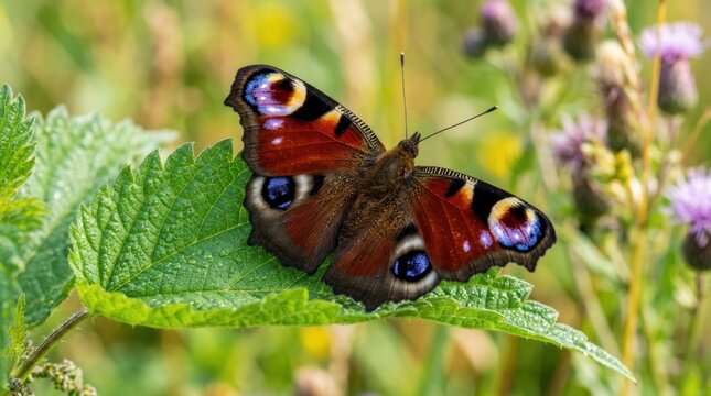 colorful peacock butterfly resting gracefully on fresh green plant leaf