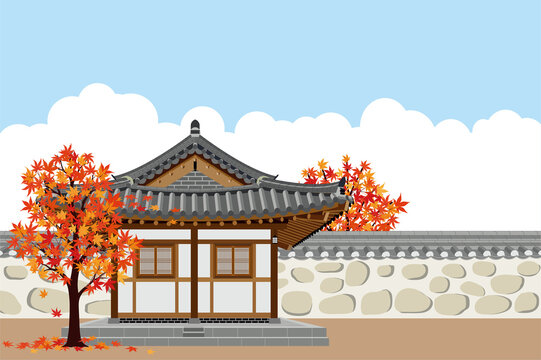 Traditional Korean tiled-roof hanok 1 - A beautiful illustration of a red maple tree and a traditional Korean hanok house against a backdrop of white clouds under a blue autumn sky.
