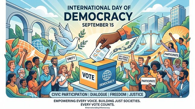 International Day of Democracy poster showing diverse people voting around a ballot box, banners promoting freedom, justice, unity, and dialogue, celebrating civic participation on September 15.