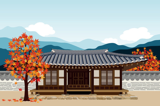 An illustration of a beautiful traditional Korean hanok building, set against a white cloud and distant mountains under a blue autumn sky, harmonizing with red-hued maple trees.