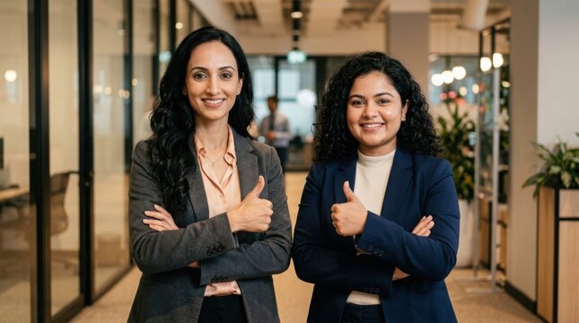 Two confident professional women standing in modern office corridor with thumbs up gesture representing career success.
