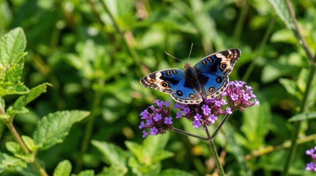 blue pansy butterfly resting on purple flowers green foliage background