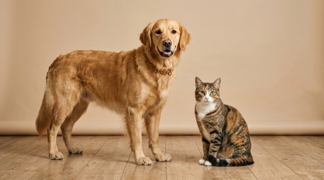 golden retriever dog standing next to sitting tabby cat studio