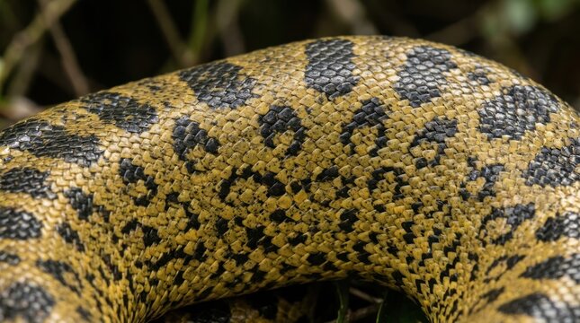 close up of yellow anaconda skin showing black scale pattern