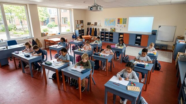A high-angle, wide shot of an elementary school classroom featuring rows of children diligently working at individual desks while a projector screen hangs on the wall.
