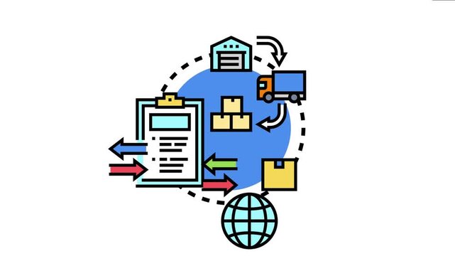System global trade logistics, with goods moving from warehouse to truck, document processing, and international exchange, symbolizing efficient supply chain operations