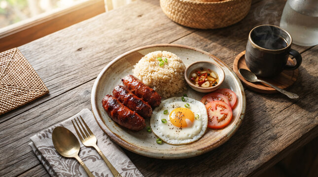 Rustic breakfast plate with glazed sausages, fried egg, seasoned rice, sliced tomatoes and dipping sauce served with steaming black coffee on a weathered wooden table.