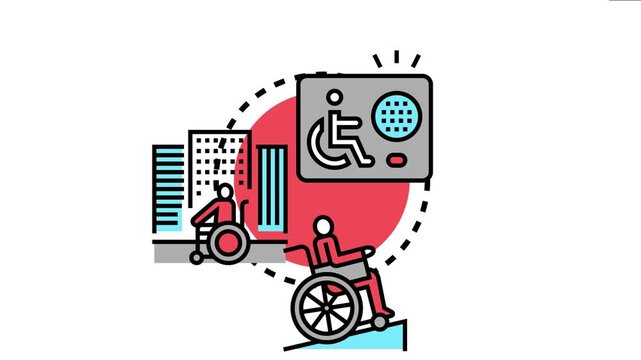 Accessibility depicting people in wheelchairs accessing city buildings and infrastructure with ramps and elevator buttons, representing inclusive urban design and equal opportunities
