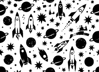 Black and White Hand-Drawn Space Pattern with Ink Brush Rockets, Spaceships, Saturn Planets, and Stars © Evi