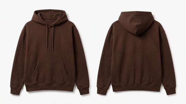 Two brown hoodies displayed side by side showing front and back views for fashion apparel design presentation