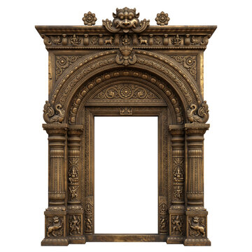 Compact South Indian temple doorway frame with rounded arch, carved columns, layered molding and aged bronze ornament