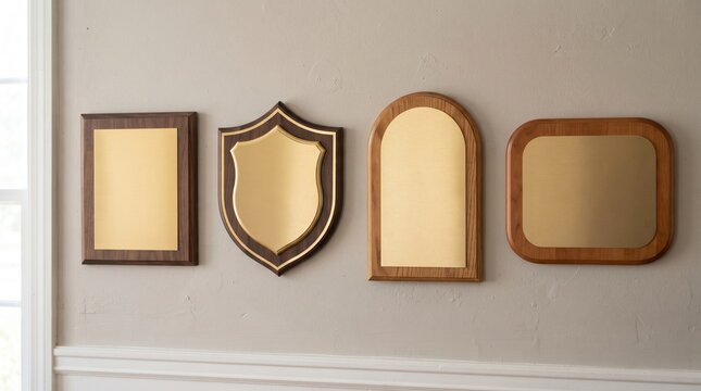 Vintage wooden plaques with gold metal plates, collection of four blank recognition awards, elegant wall mounted trophies