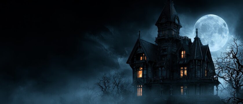Eerie halloween banner featuring a creepy haunted house and illuminated jack o lanterns beneath a bright full moon
