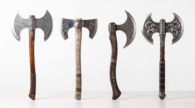Medieval viking battle axes collection. Four ancient steel war axes with wooden handles. Ornate fantasy weapon set on white background.