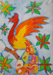 Colorful phoenix bird and floral elements watercolor painting. Kids creativity © Екатерина Звонко