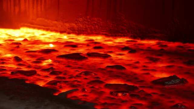 Low-angle close view of glowing molten surface with incandescent seams, dark rocks, shimmering highlights, deep red orange light, rough texture, dramatic volcanic contrast