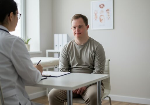 Doctor consulting a male patient with Down syndrome in a medical office, healthcare concept