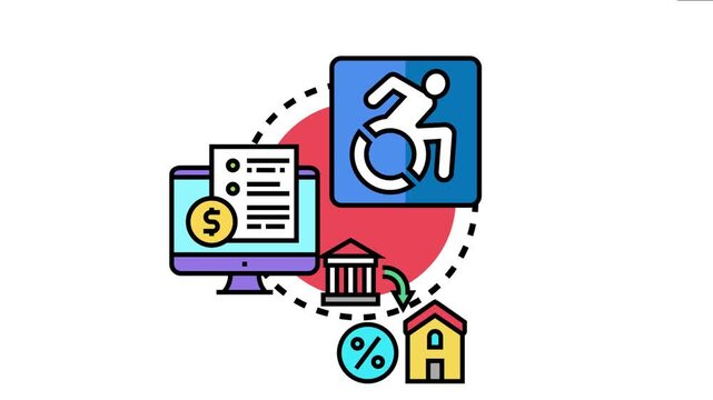People accessing homeownership options concept with a person in a wheelchair, a computer with application form and money, a bank funding a house, and a percentage sign for discount