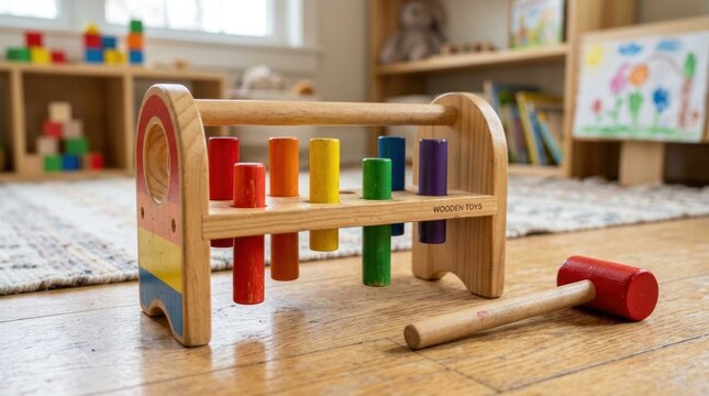 classic wooden pounding bench toy with colorful pegs and mallet